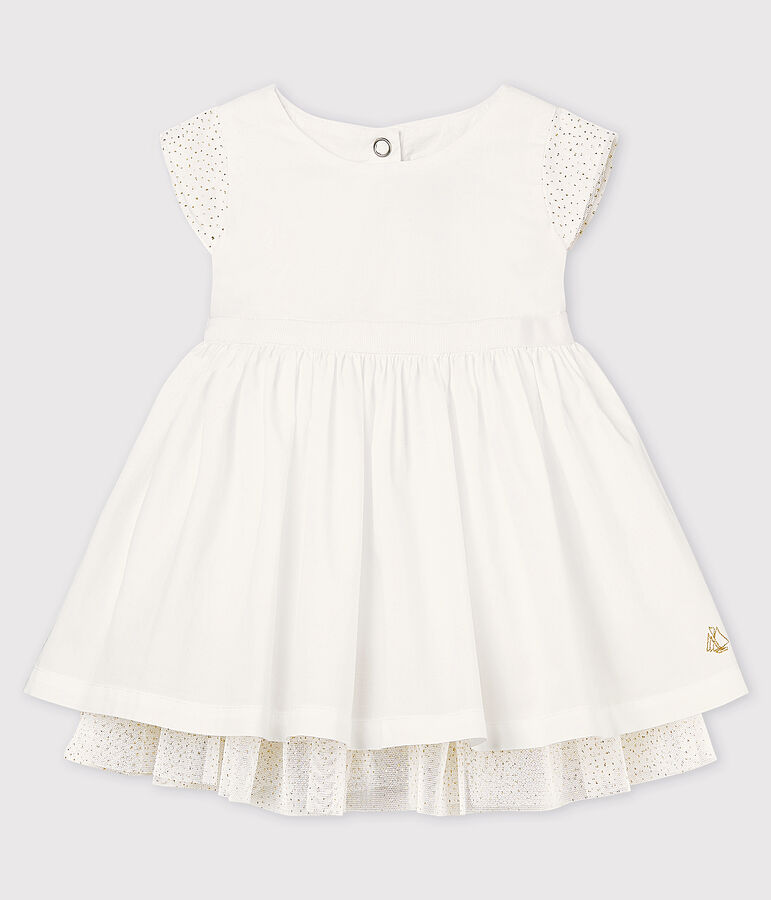 Vestido de celebraci&oacute;n de popelina y tul de beb&eacute; ni&ntilde;a blanco