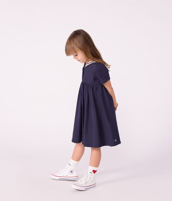 Vestido infantil liso de algodón de manga corta azul SMOKING