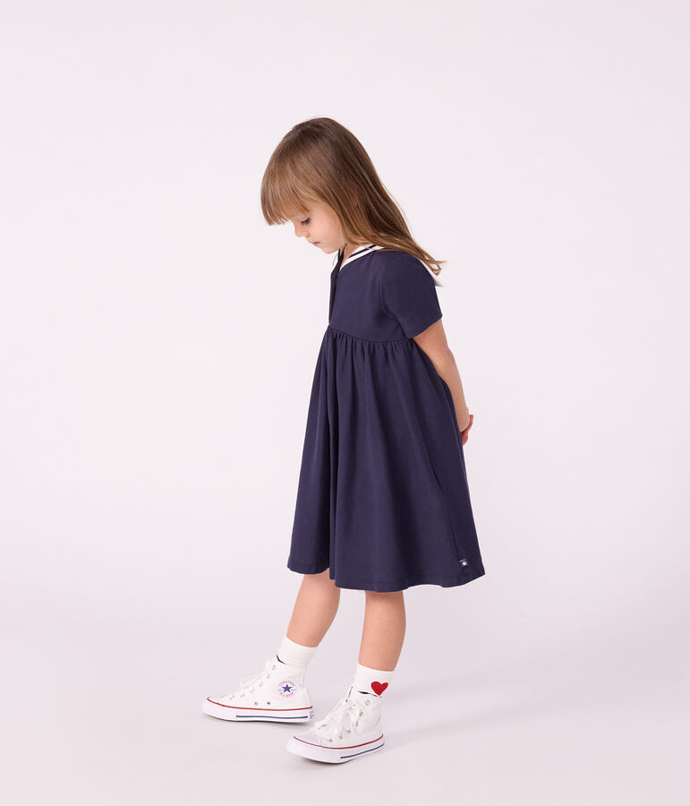 Vestido infantil liso de algod&oacute;n de manga corta azul SMOKING