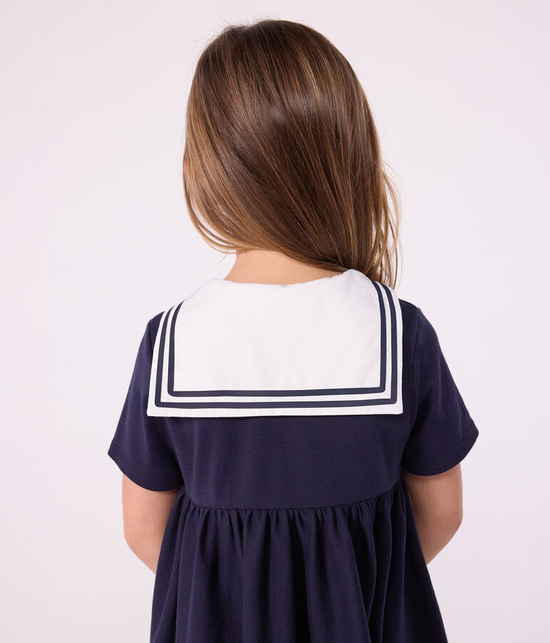Vestido infantil liso de algod&oacute;n de manga corta azul SMOKING