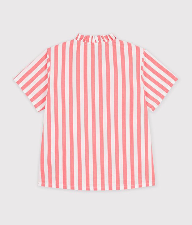 Blusa infantil de algod&oacute;n de manga corta a rayas rosa/blanco