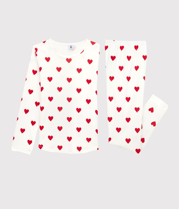 Pijama de punto con estampado de corazones para ni&ntilde;a blanco/rojo