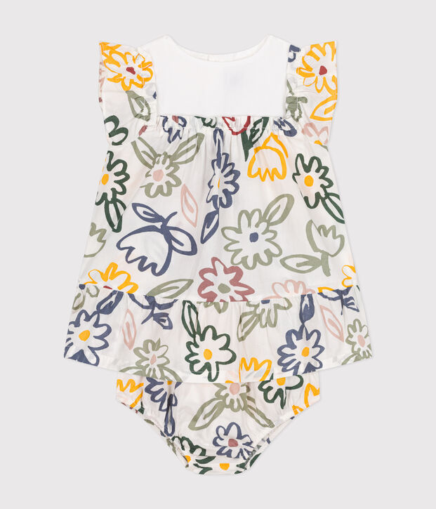 Vestido de manga corta y pololo de popelina para beb&eacute; blanco/multicolor