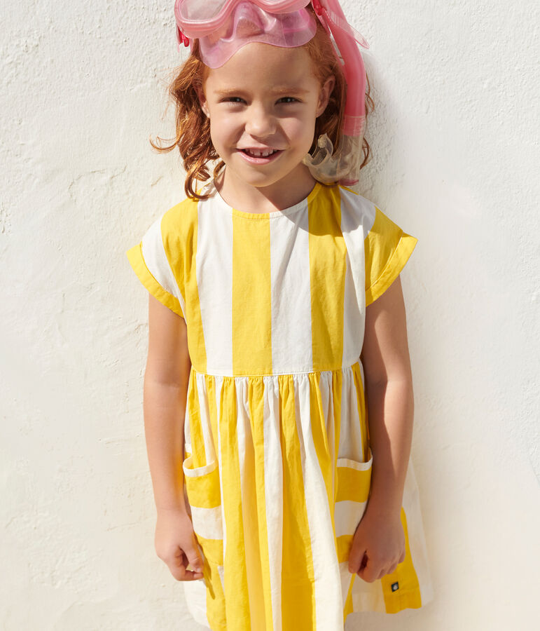 Vestido infantil de algod&oacute;n de manga corta a rayas blanco/amarillo