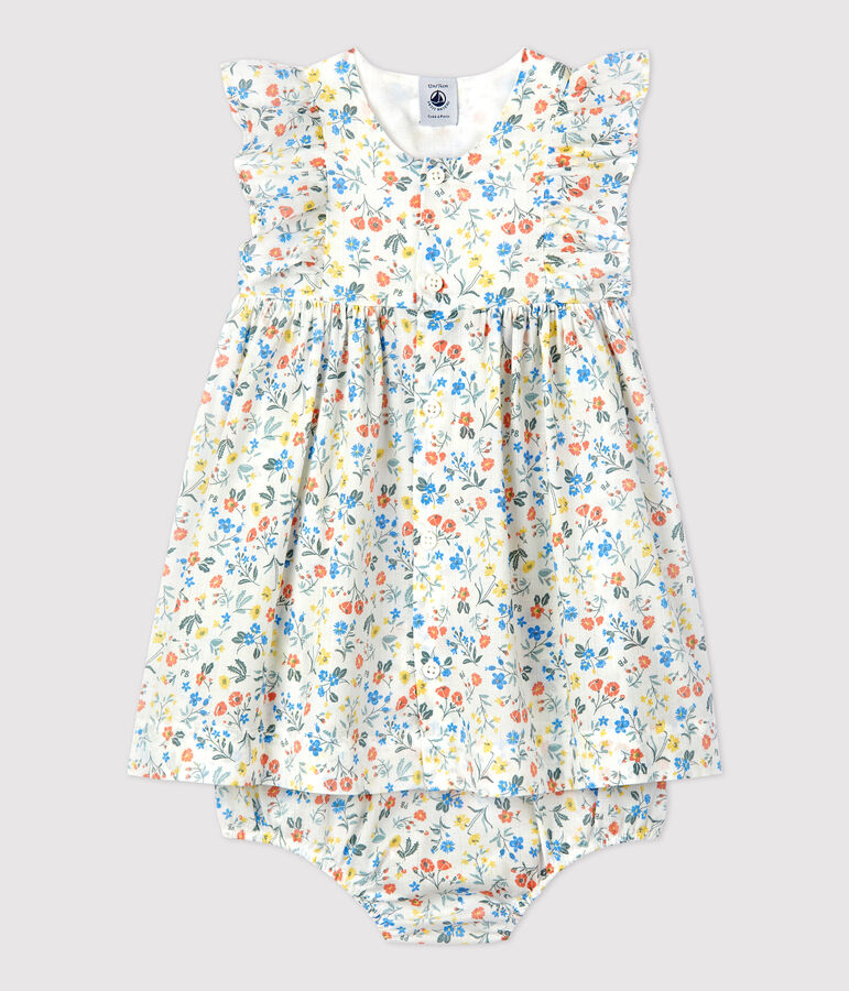 Vestido y braguita bloomer con estampado de flores de popelina de beb&eacute; blanco/multicolor