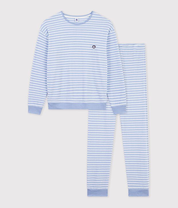 Pijama de rizo de algod&oacute;n a rayas para mujer azul/crudo