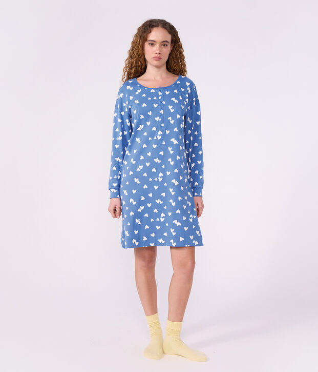 Camis&oacute;n de algod&oacute;n con cuello mao y estampado de corazones para mujer azul/blanco