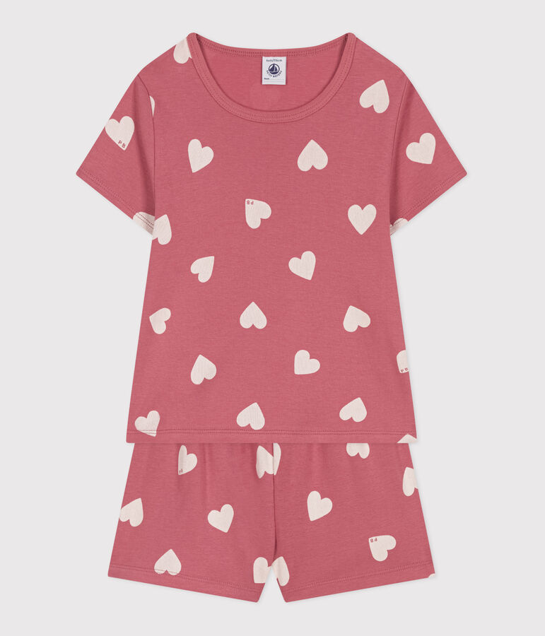 Pijama corto infantil de algod&oacute;n con corazones rosa/blanco