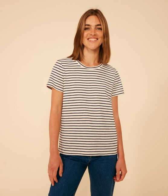 Camiseta La Recta de algodón a rayas con cuello redondo para mujer  blanco AVALANCHE/azul SMOKING