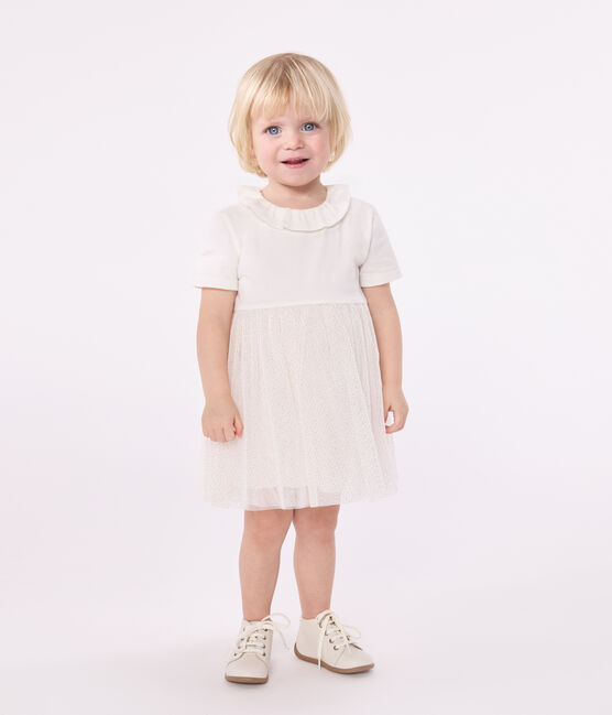 Vestido de manga corta de algodón y tul con cuello isabelino para bebé blanco MARSHMALLOW/rosa COPPER