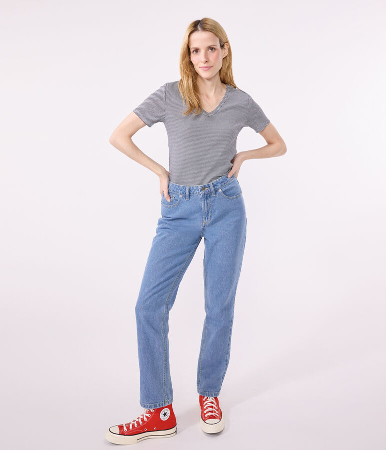 Camiseta La Ic&oacute;nica de algod&oacute;n a rayas con cuello de pico para mujer azul/blanco