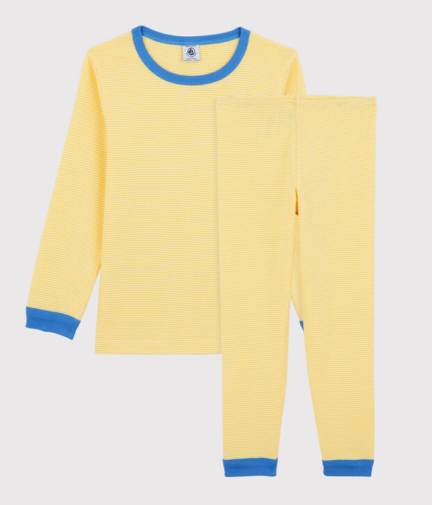 Pijama milrayas de algod&oacute;n org&aacute;nico infantil unisex amarillo/blanco