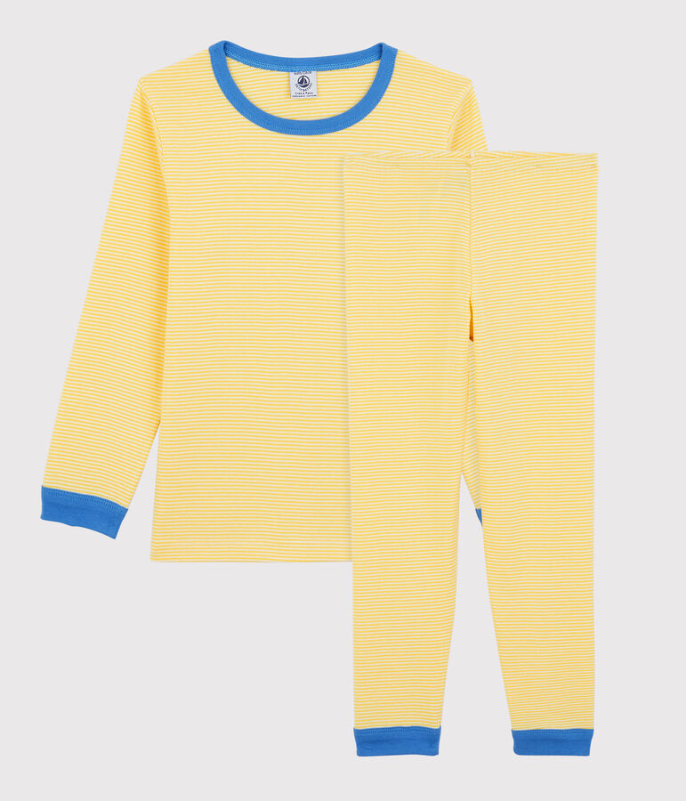 Pijama milrayas de algod&oacute;n org&aacute;nico infantil unisex amarillo/blanco