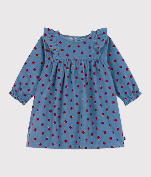 Vestido de pana de manga larga con estampado de manzanas para beb&eacute; azul/multicolor