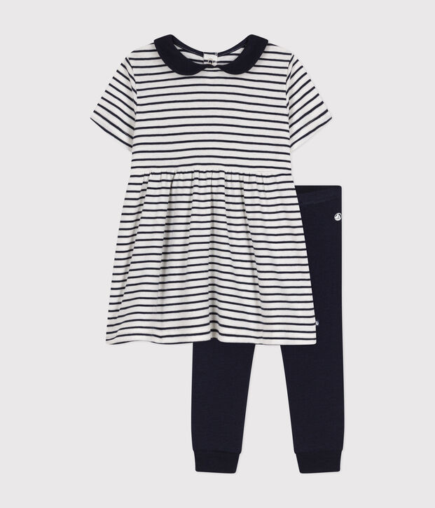 Conjunto de vestido y mallas de algod&oacute;n para beb&eacute; blanco/azul