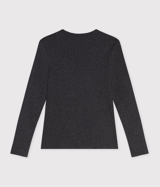 Camiseta de algod&oacute;n de manga larga con acabado de punto cocotte para mujer gris