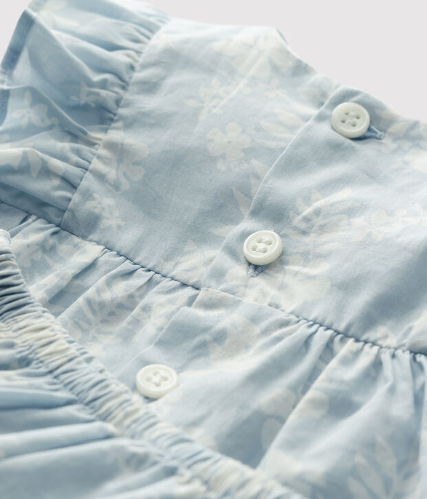 Vestido con braguita bloomer con estampado hawaiano de popelina org&aacute;nica para beb&eacute;. azul/blanco