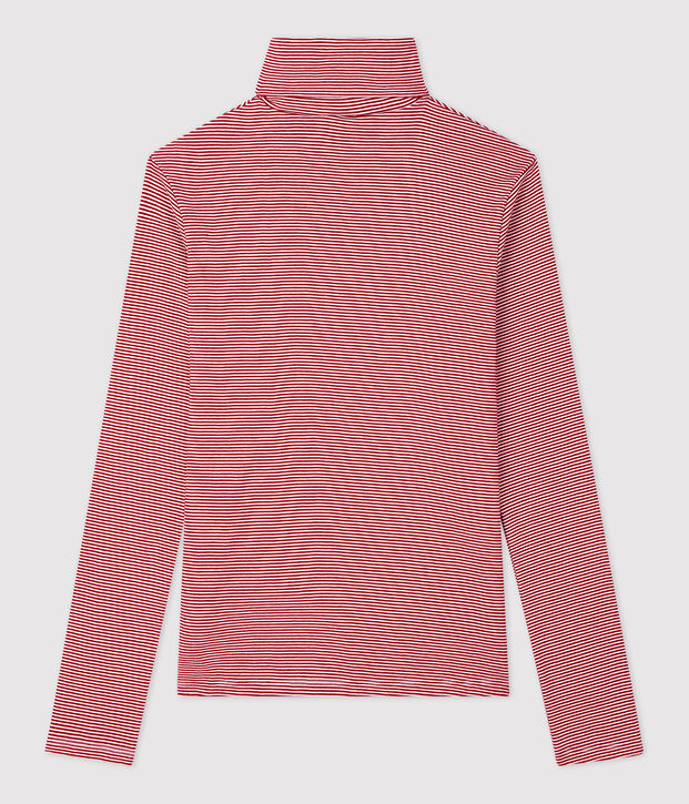 Camiseta de cuello alto emblem&aacute;tica de algod&oacute;n de rayas de mujer rojo/blanco