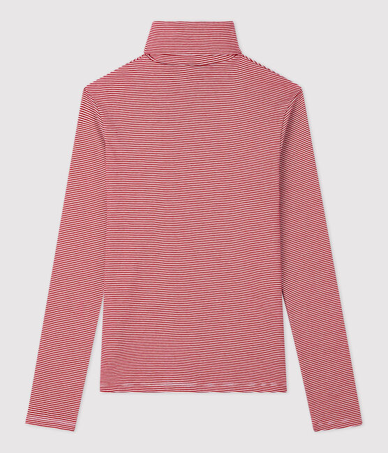 Camiseta de cuello alto emblemática de algodón de rayas de mujer rojo SANGRIA/ MARSHMALLOW