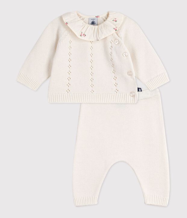 Conjunto de 2 piezas de lana y algod&oacute;n y collar&iacute;n de flores para beb&eacute; blanco
