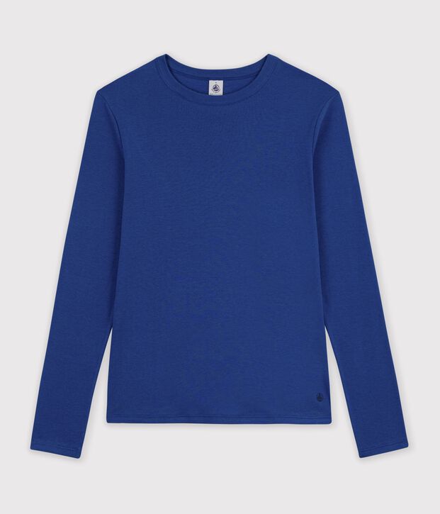Camiseta lisa de algod&oacute;n de manga larga para mujer azul