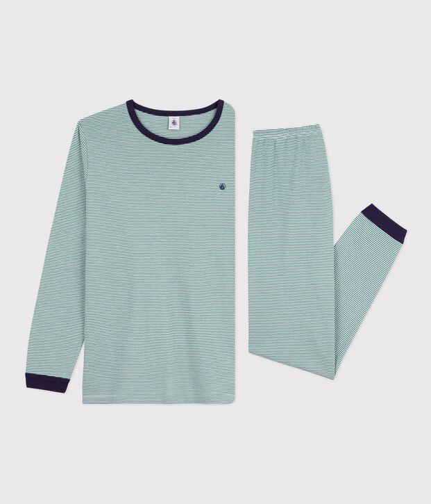 Pijama infantil de algod&oacute;n a rayas verde/blanco