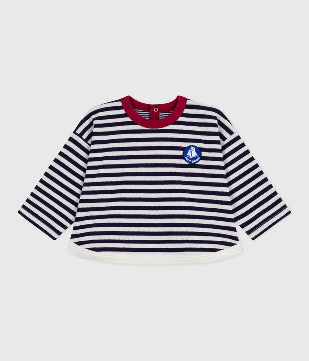 Camiseta de manga larga de algod&oacute;n a rayas para beb&eacute; azul/crudo