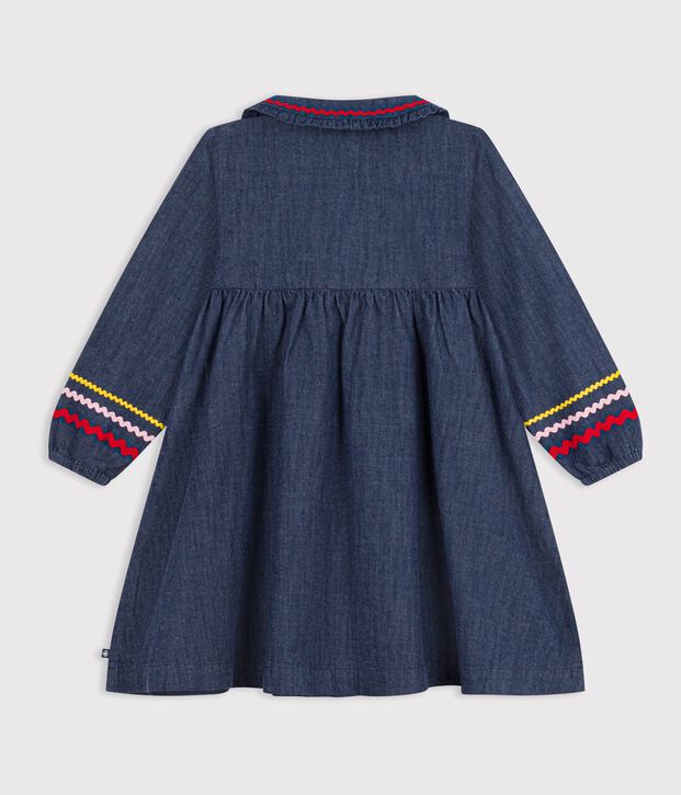 Vestido infantil liso de manga larga de tejido denim azul