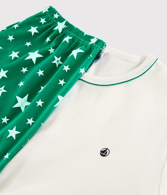 Pijama corto blanco con estrellas de canalé unisex blanco MARSHMALLOW/verde GAZON