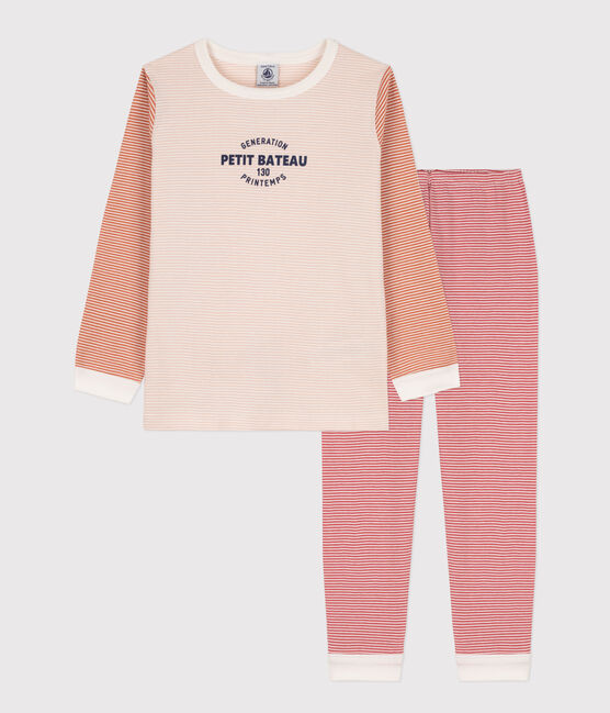 Pijama de algodón milrayas tricolor para niño/niña rosa SALINE/blanco MULTICO