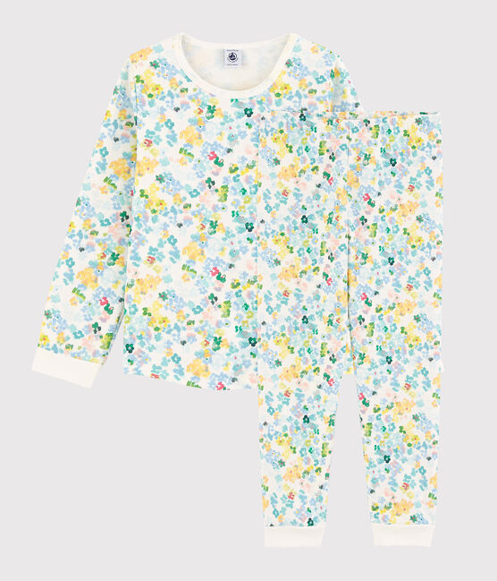 Pijama de flores de acuarela en felpa de niña blanco MARSHMALLOW/blanco MULTICO