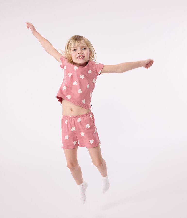 Pijama corto infantil de algod&oacute;n con corazones rosa/blanco