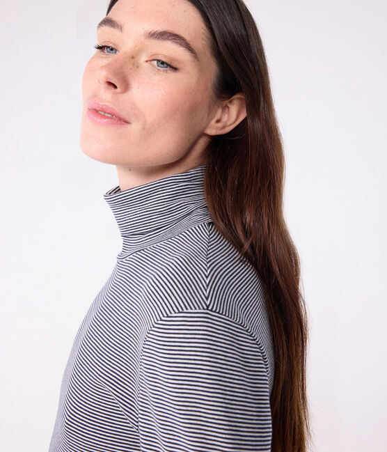 Camiseta de cuello alto Icónica de algodón para mujer azul SMOKING/blanco MARSHMALLOW