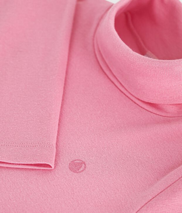 Camiseta infantil lisa de cuello alto de algod&oacute;n rosa