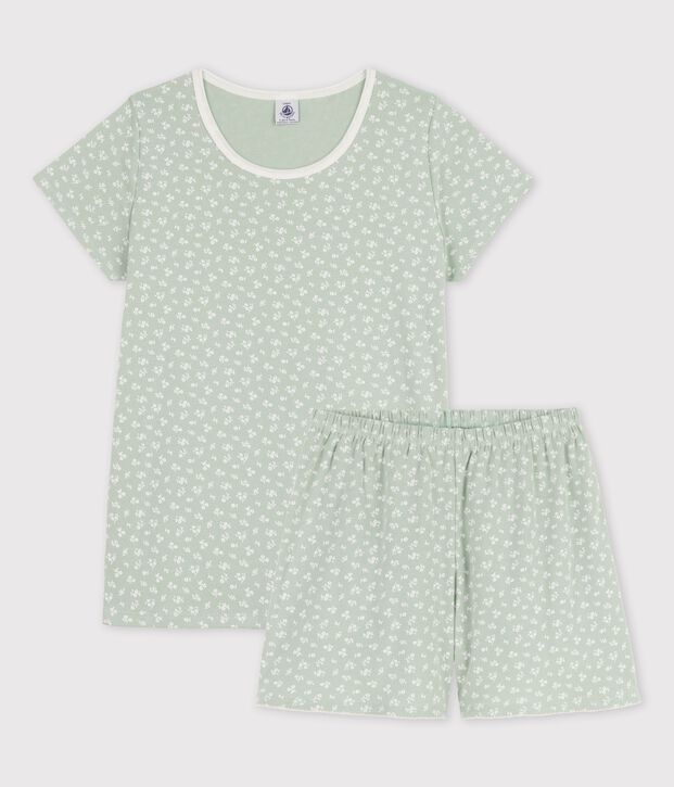 Pijama corto con flores de algod&oacute;n de chica verde/blanco