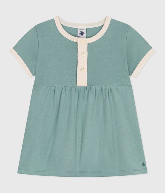 Vestido de manga corta de algodón liso con detalles en contraste para bebé verde PAUL