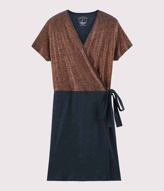 Vestido manga corta de lino irisado para mujer azul SMOKING/rosa COPPER
