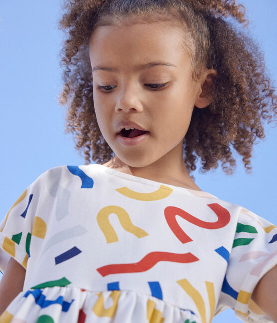 Vestido estampado de manga corta de algodón para niña blanco MARSHMALLOW/blanco MULTICO