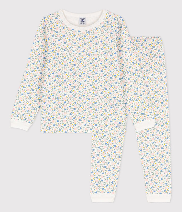 Pijama de t&uacute;bico con flores para ni&ntilde;a blanco MARSHMALLOW/blanco MULTICO