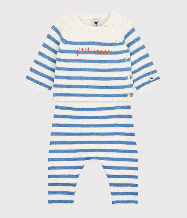 Conjunto de 2 prendas marineras de beb&eacute; de tejido de punto de lana y algod&oacute;n blanco/azul