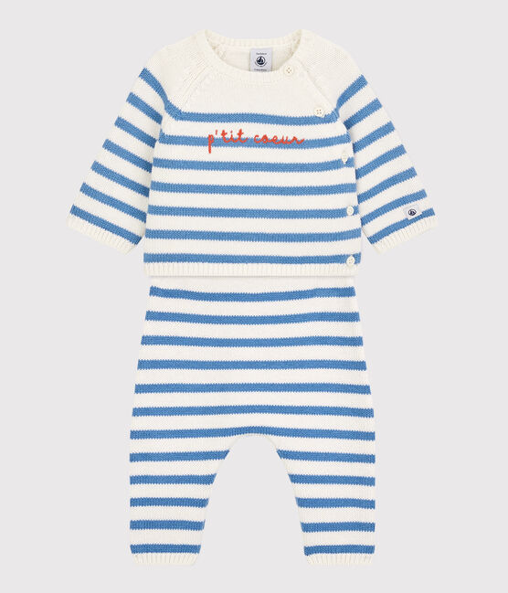 Conjunto de 2 prendas marineras de bebé de tejido de punto de lana y algodón blanco MARSHMALLOW/azul ALASKA