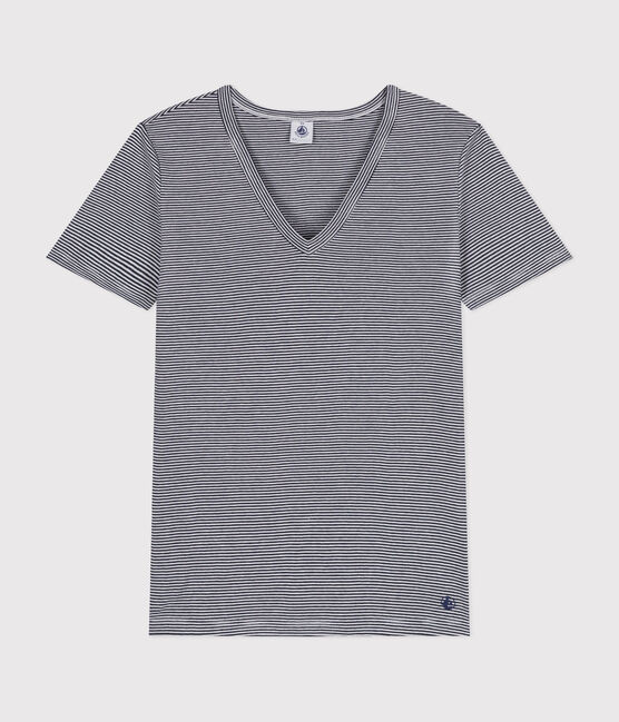 Camiseta La Icónica de algodón a rayas con cuello de pico para mujer azul SMOKING/blanco MARSHMALLOW