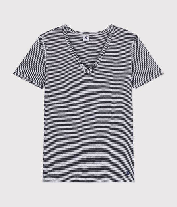 Camiseta La Ic&oacute;nica de algod&oacute;n a rayas con cuello de pico para mujer azul/blanco