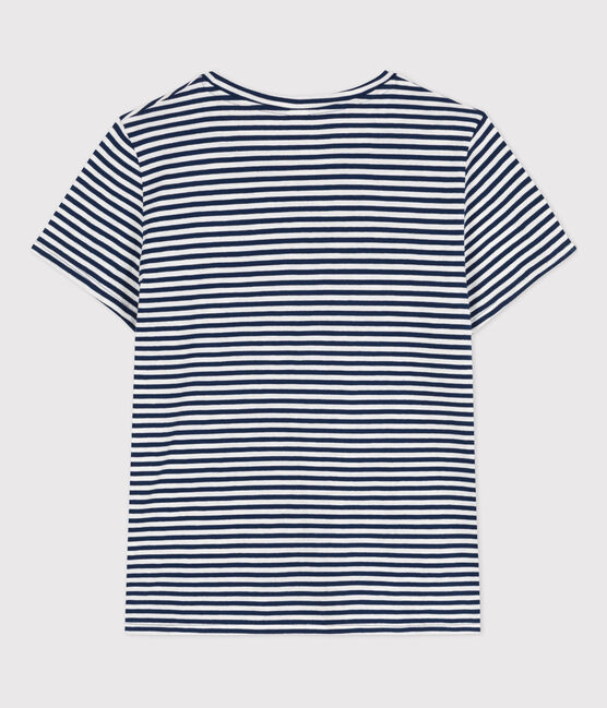 Camiseta LA RECTA de algodón con cuello redondo para mujer azul MEDIEVAL/blanco MARSHMALLOW