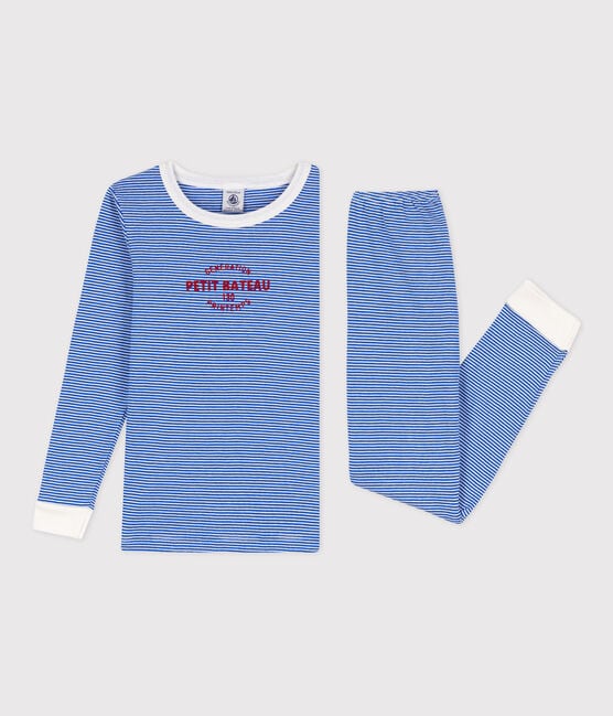 Pijama ajustado de algodón a rayas para niña/niño azul PERSE/blanco MARSHMALLOW