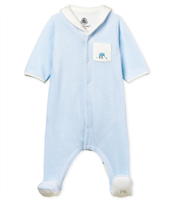 Bodyjama de terciopelo milrayas para bebé niño azul FRAICHEUR/blanco ECUME