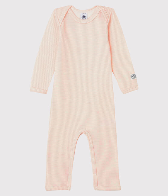 Body largo de lana y algodón a rayas para bebé rosa CHARME/blanco MARSHMALLOW