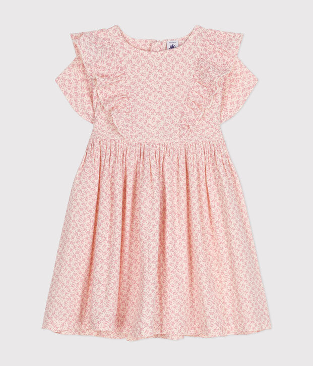 Vestido estampado de manga corta de gasa de algod&oacute;n para ni&ntilde;a crudo/rosa
