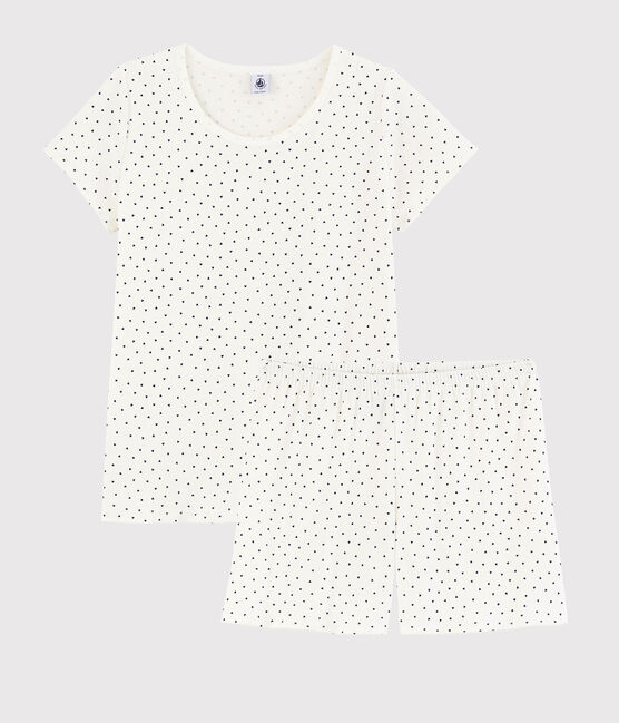 Pijama corto de corazones azules de algodón de chica/mujer blanco MARSHMALLOW/azul MEDIEVAL