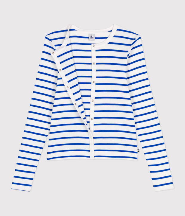 C&aacute;rdigan de algod&oacute;n liso para mujer blanco/azul